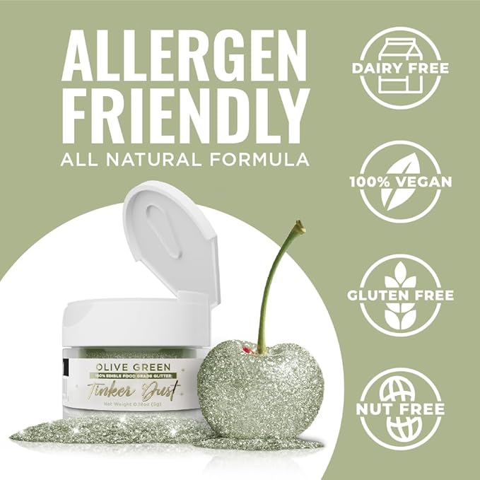 Bakell - Olive Green Tinker Dust (5g, 1x Jar) Edible Glitter for Food, Desserts, and Beverages!