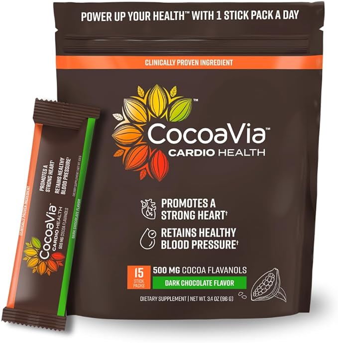 CocoaVia Cardio Health Cocoa Powder, 15 Single Serve Sticks, 500mg Cocoa Flavanols, Support Heart