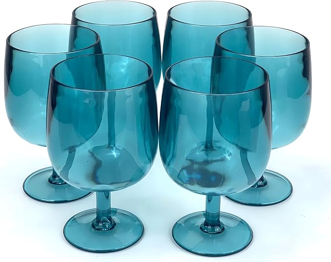 Yalin Set of 6 Unbreakable 12 oz Acrylic Plastic Wine and Water Tumbler Stackable Goblets. (Cyan
