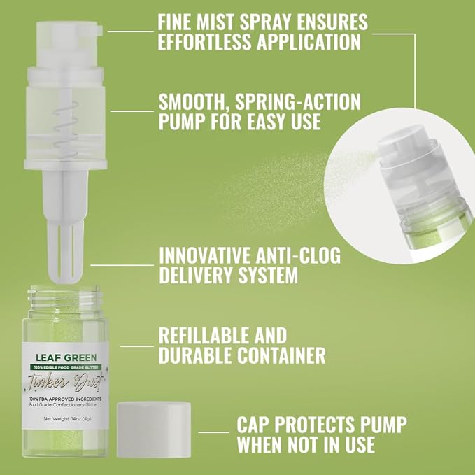 Bakell - Leaf Green Tinker Dust (4g, 1x Mini Spray Pump) Edible Glitter for Food, Desserts, and