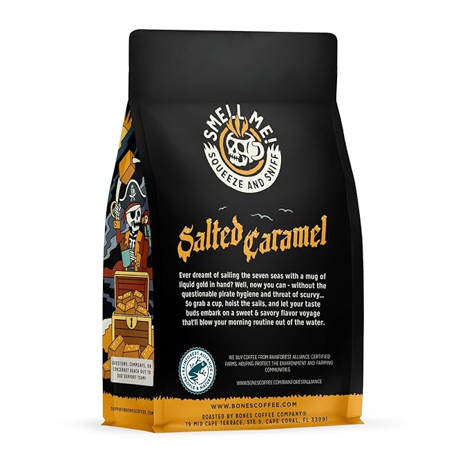Bones Coffee Company Salted Caramel Flavored Coffee, Medium Roast Low Acid Arabica Beans Compatible