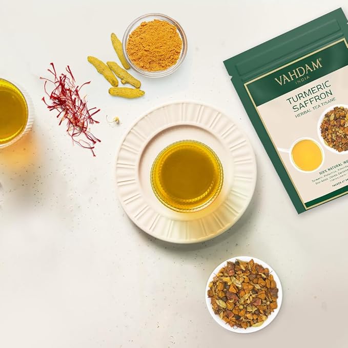 VAHDAM, Turmeric Saffron Herbal Tea Loose Leaf 100g (50 Cups, 3.5oz) Blend Of Turmeric Tea, Saffron