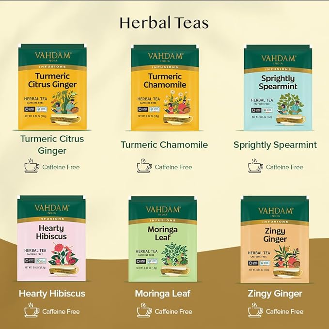 VAHDAM, Herbal Tea Sampler (36 Tea Bags, 6 Flavors) Caffeine-Free, Non-GMO | Assorted Tea Sampler