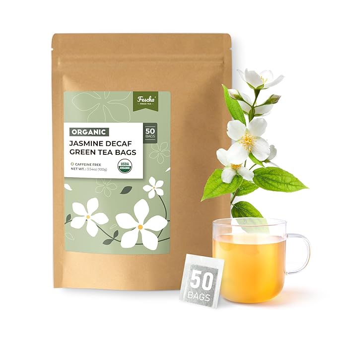 Fescha Organic Decaf Jasmine Green Tea Bags Flower-scented Tea (50-count), Eco-Conscious Tea Bags