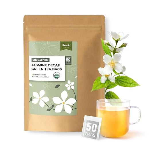 Fescha Organic Decaf Jasmine Green Tea Bags Flower-scented Tea (50-count), Eco-Conscious Tea Bags