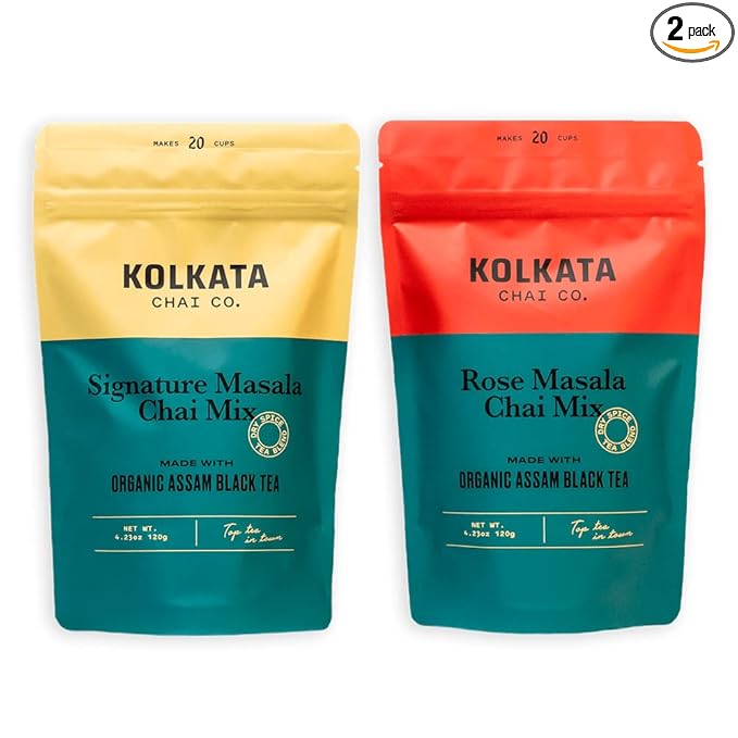 Kolkata Chai Signature Masala Chai & Rose Chai Combo Pack, Makes 40 cups, Premium loose leaf tea