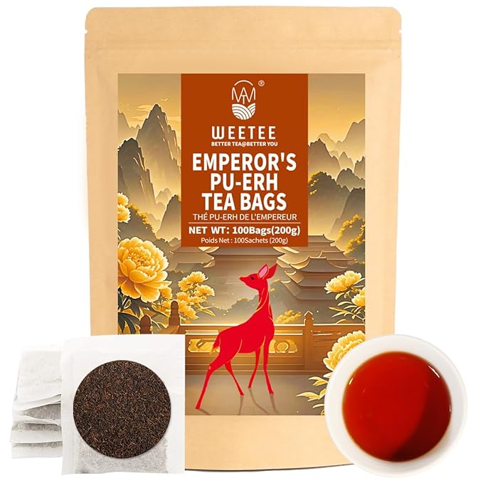 WT WEETEE Emperor's Pu-erh Tea Bags 100 Count, Aged Fermented Yunnan Dark Tea, Mellow & Smooth