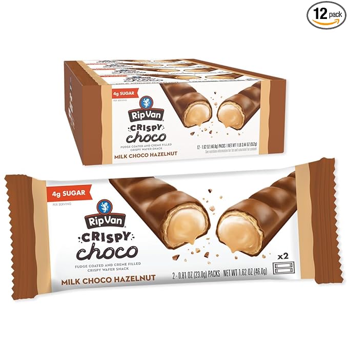Rip Van Crispy Choco - Milk Chocolate Coated Hazelnut Wafer Bars - Low Sugar Fudge and Hazelnut