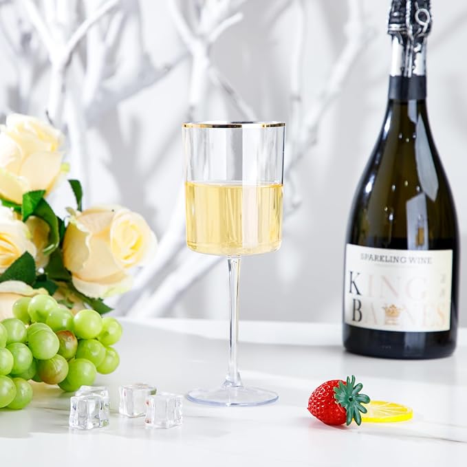 Ciaell 12 Pack Plastic Wine Glasses - 10 Oz Plastic Wine Glasses with Stem - Gold Rim Disposable