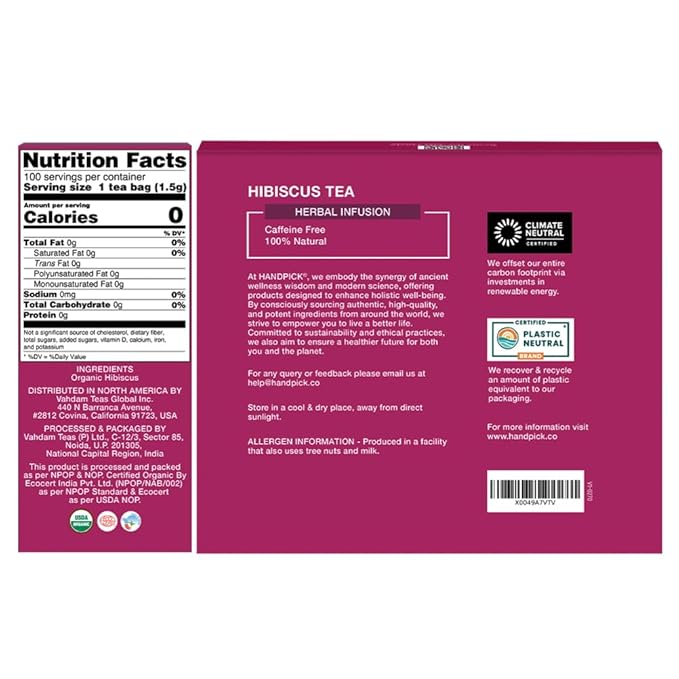 HANDPICK, Organic Hibiscus Tea Bags (100 Tea Bags) | Caffeine-Free, 100% Natural Pure Indian