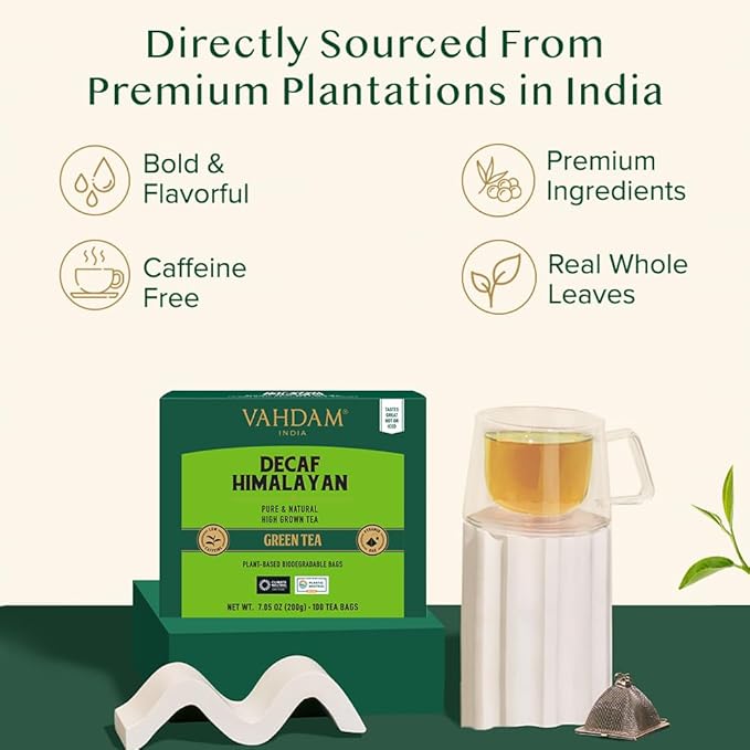 VAHDAM, Decaf Himalayan Green Tea Bags (100 Pyramid Tea Bags) Caffeine Free, Gluten Free | High