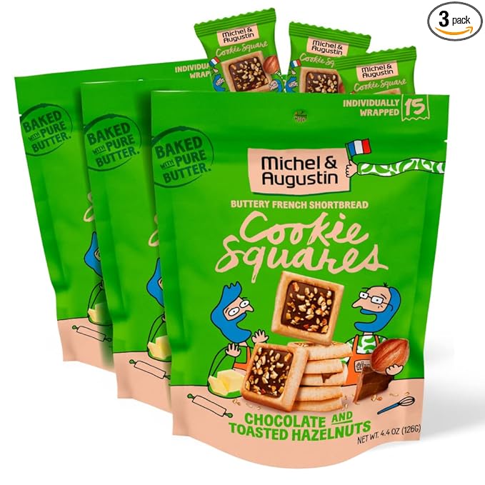 Michel et Augustin Cookies, Individually Wrapped Snacks, 3 Pack, Gourmet Milk Chocolate & Hazelnut