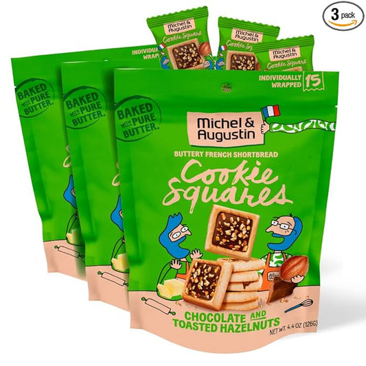 Michel et Augustin Cookies, Individually Wrapped Snacks, 3 Pack, Gourmet Milk Chocolate & Hazelnut