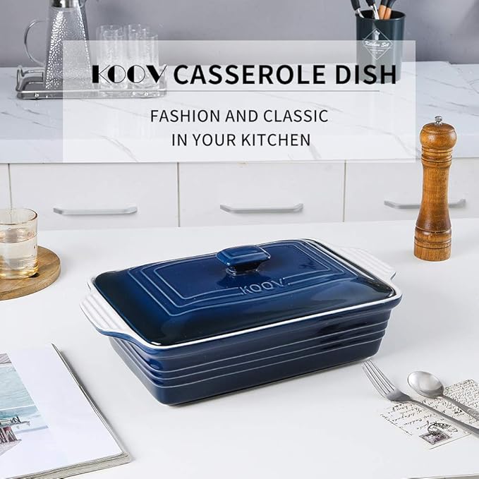 KOOV Ceramic Casserole Dish With Lid, Covered Rectangular Set, Lasagna Pan for Cooking, Baking Dish