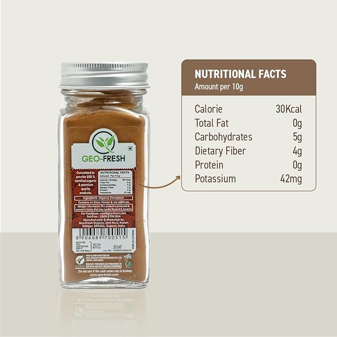Geo-Fresh Organic Cinnamon Powder ??1.59 oz Glass Jar ??Cassia Cinnamon Powder Organic ??USDA