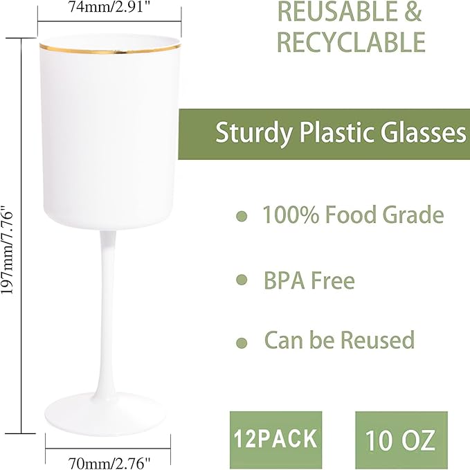 Ciaell 12 Pack White Plastic Wine Glasses with Stem - 10 Oz White and Gold Disposable Wine Glasses
