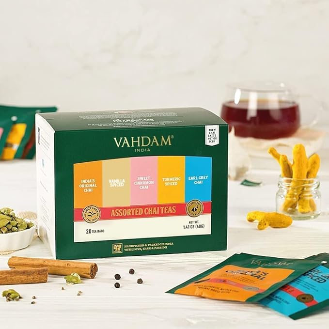 VAHDAM, Assorted Chai Tea Bags Sampler (5 Flavors, 20 Ecofriendly Pyramid Tea bags) I Gift Ideas