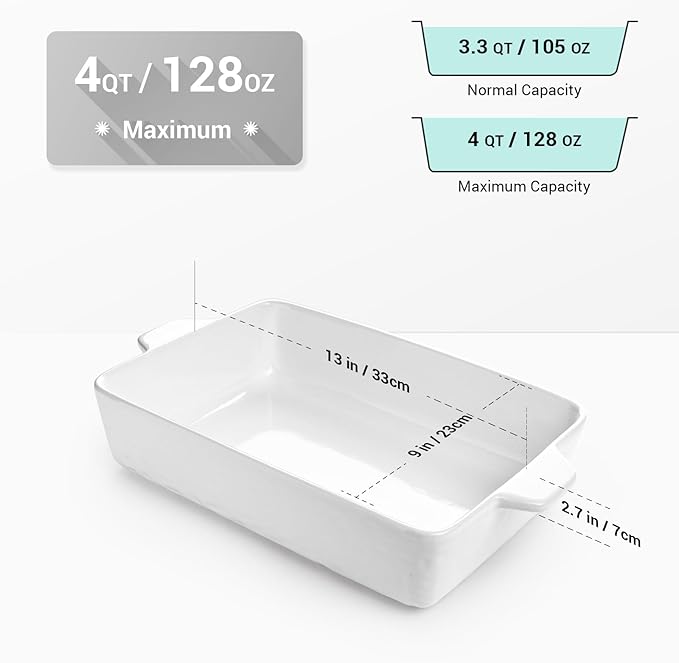 4 QT Baking Dish, Casserole Dishes for Oven, 9x13 Baking Pan with Handles, Lasagna Pan Deep