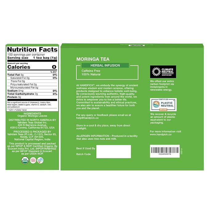 HANDPICK, Organic Moringa Tea Bags (100 Count), Pure Moringa Leaves | Authentic Indian Origin |