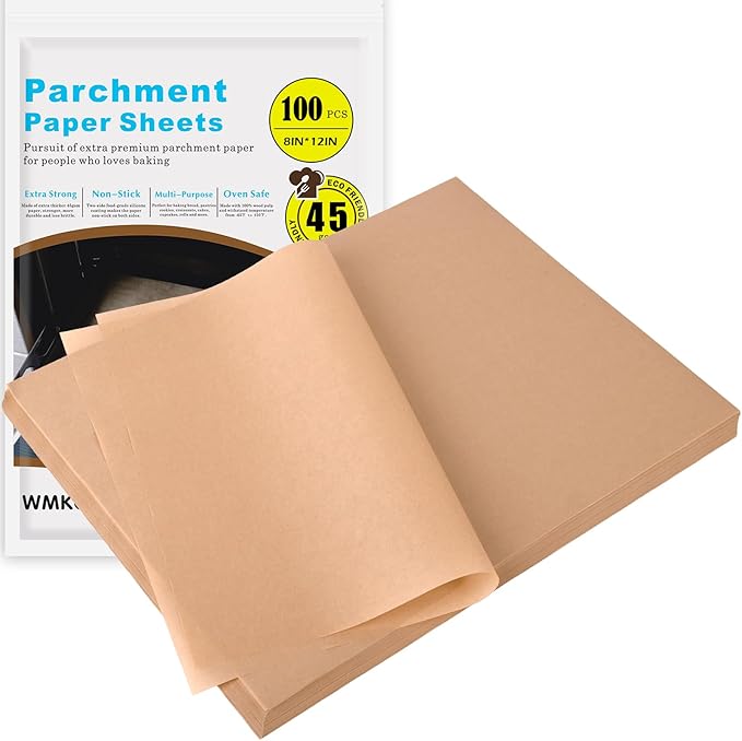 WMKGG 100Pcs Unbleached Parchment Paper for Baking, 8 x 12 Inch Precut Heavy Duty Parchment Paper