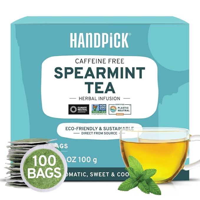 HANDPICK, Spearmint Tea Bags (100 Herbal Tea Bags) |Refreshing Mint Tea | Non-GMO | Round