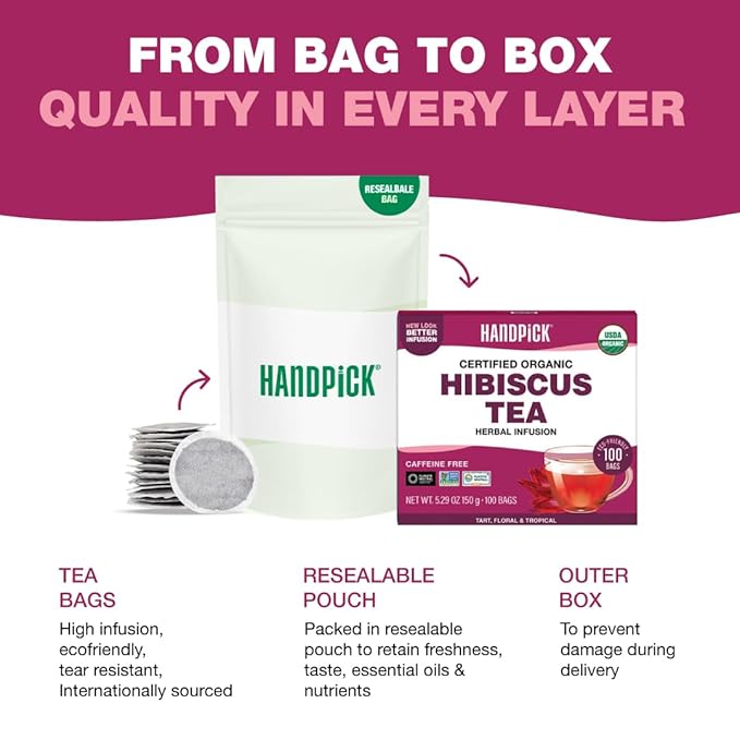 HANDPICK, Organic Hibiscus Tea Bags (100 Tea Bags) | Caffeine-Free, 100% Natural Pure Indian