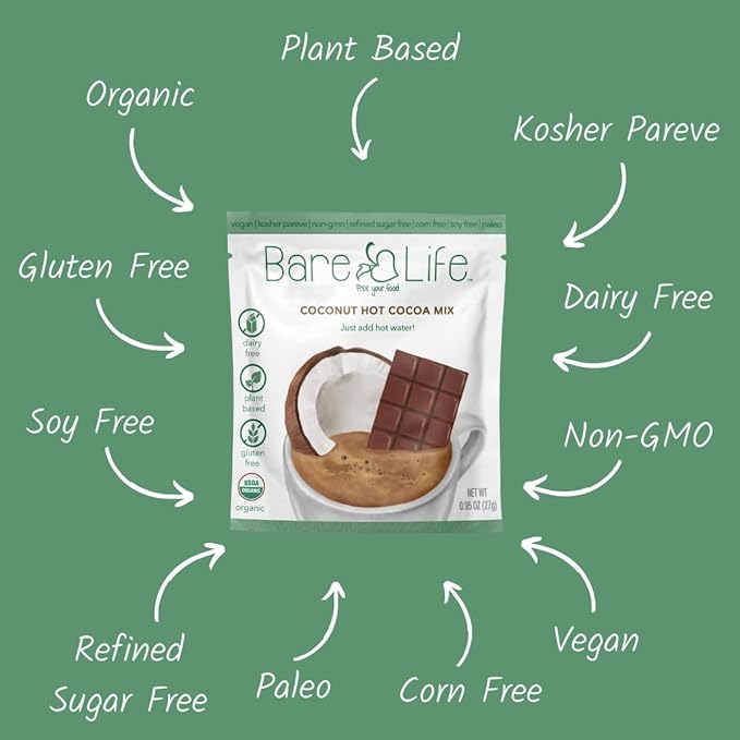 Bare Life: Dairy Free Coconut Hot Cocoa Mix | Single Serving 0.95 Oz (10 Pack) | Gluten Free