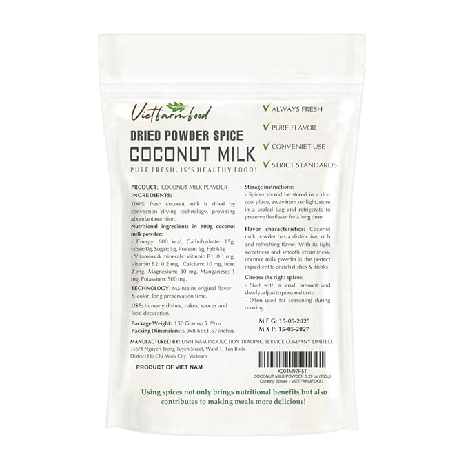 COCONUT MILK POWDER 5.29 Oz (150g) VIETFARMFOOD: Pure, natural freeze-dried spice made from real