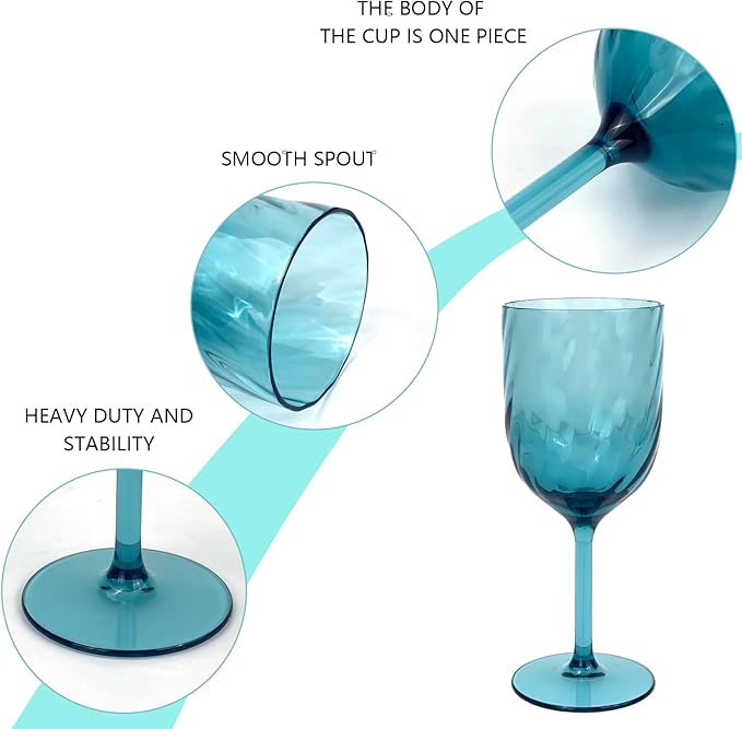 Yalin Set of 6 Unbreakable 15 oz Acrylic Plastic Wine and Water Tumbler Stackable Goblets. (Cyan