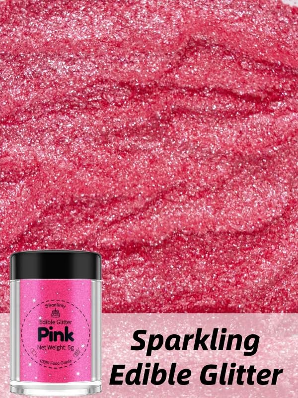 Shanlinly Pink Edible Glitter for Cakes Drinks - Food Grade 5g Shimmer Luster Glitter Dust Edible