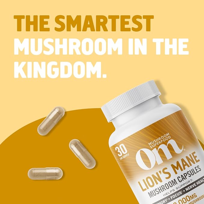 OM MUSHROOM SUPERFOOD Lion's Mane Mushroom Capsules Superfood Supplement, 90 Count, 30 Day Supply