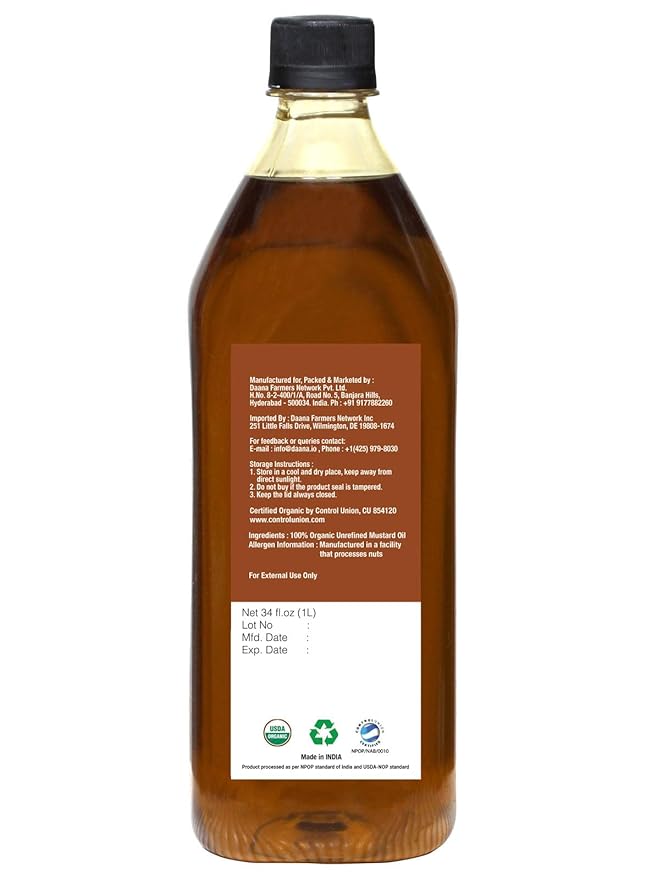 Daana Mustard Oil: CERTIFIED USDA ORGANIC, EXTRA VIRGIN, COLD PRESSED 34 Oz (Pack of 1)