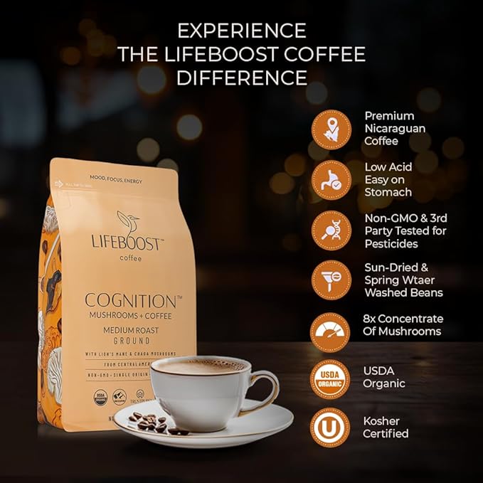 Lifeboost Cognition Adaptogenic Mushroom Coffee - Great Tasting Organic Lions Mane & Chaga Medium