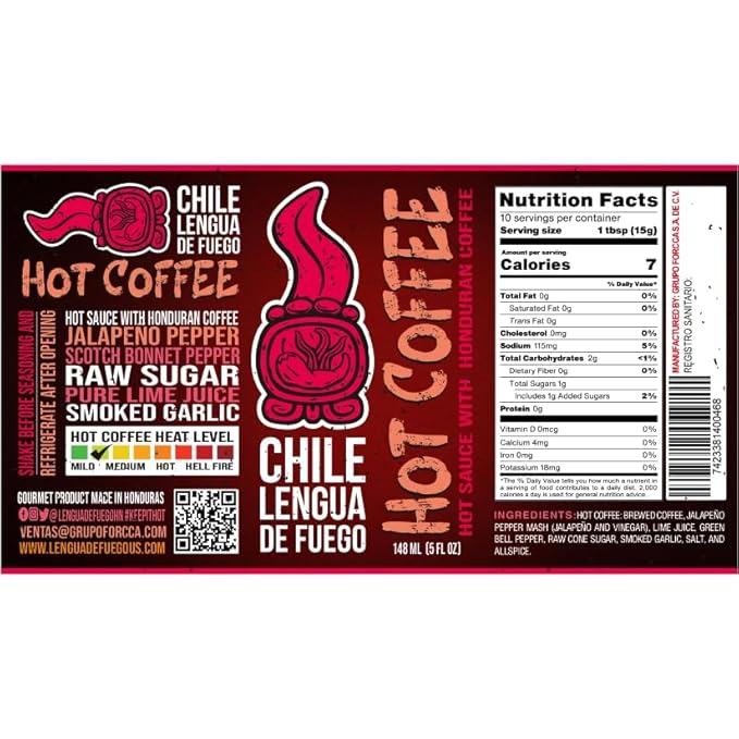 Chile Lengua de Fuego Hot Coffee Hot Sauce – 1 Bottle – Brewed Coffee, Jalapeño, Smoked Garlic &