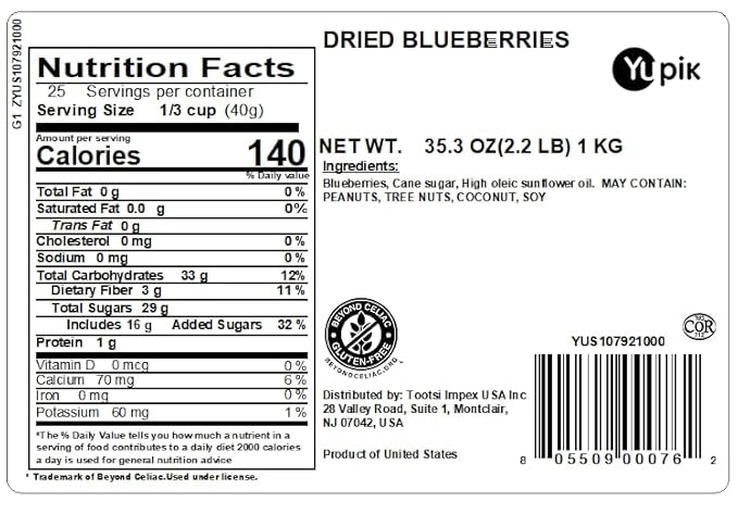 Yupik Dried Blueberries, 2.2 lb (35.2 oz), Gluten-Free, Kosher, Sweet Dried Fruits, Whole Berries
