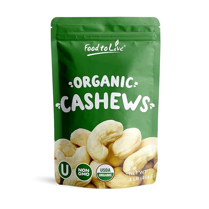 Food to Live Organic Cashews, 1 Pound ??Whole, Size W-240, Unsalted, Non-GMO, Kosher, Raw, Vegan
