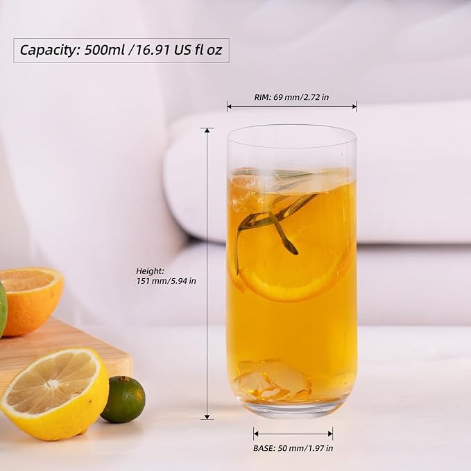 KAMMAK Drinking Glasses Set of 2, 17oz Crystal Water Glasses,Tall Glass Cups, Highball Glass for