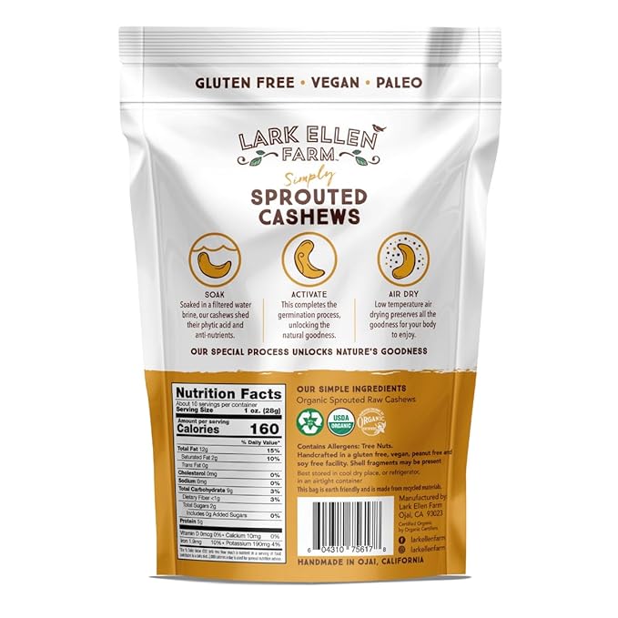 Lark Ellen Farm Sprouted Organic Certifed Cashews Unsalted - 10 oz Bag, Non GMO, Keto Snacks
