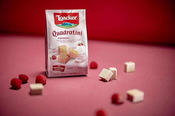 Loacker Quadratini Raspberry Yogurt Wafer Cookies LARGE - 30% Less Sugar - Premium Crispy Bite Size