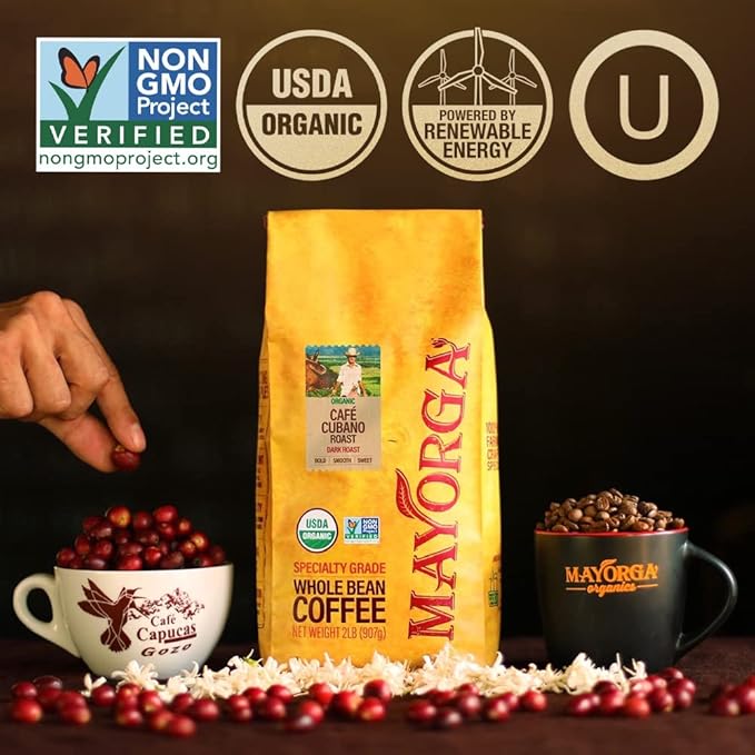Mayorga Organic Coffee 12oz Cafe Cubano Roast - Dark Roast Whole Bean Coffee Specialty Grade, 100%