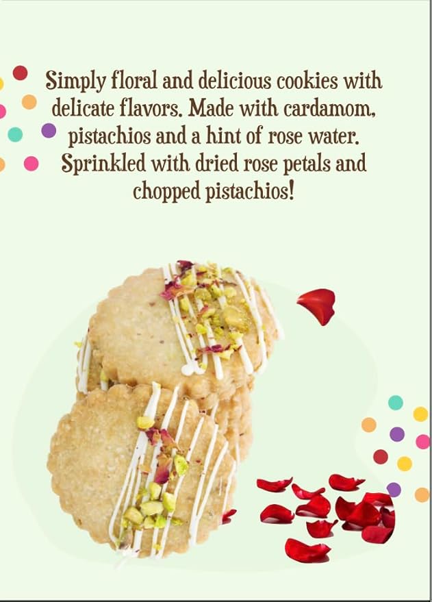 Rose Pistachio Cookies- Gourmet Indian Cookies, 100% Egg-Free & Vegetarian, Handmade with Real