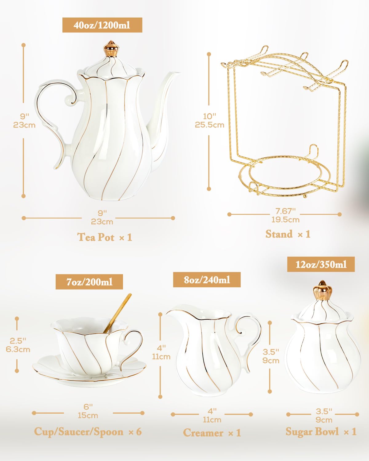 DUJUST 22 pcs White Porcelain Tea Set for 6, Luxury British Style Tea/Coffee Cup Set with Golden