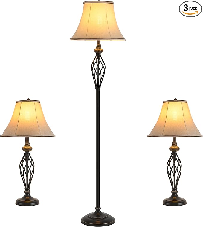 3 Pack Lamp Set, Living Room Lamp Set with Vintage Brown Fabric Shades, Bronze Finish, Solid Iron