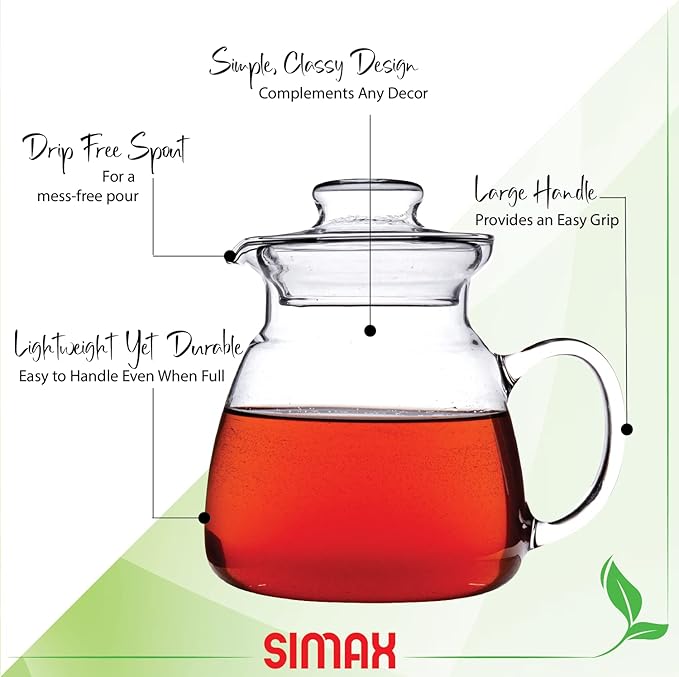 Simax Glassware 20 Oz. Glass Teapot | Short Spout, Microwave and Stovetop Safe, Heat, Cold, and