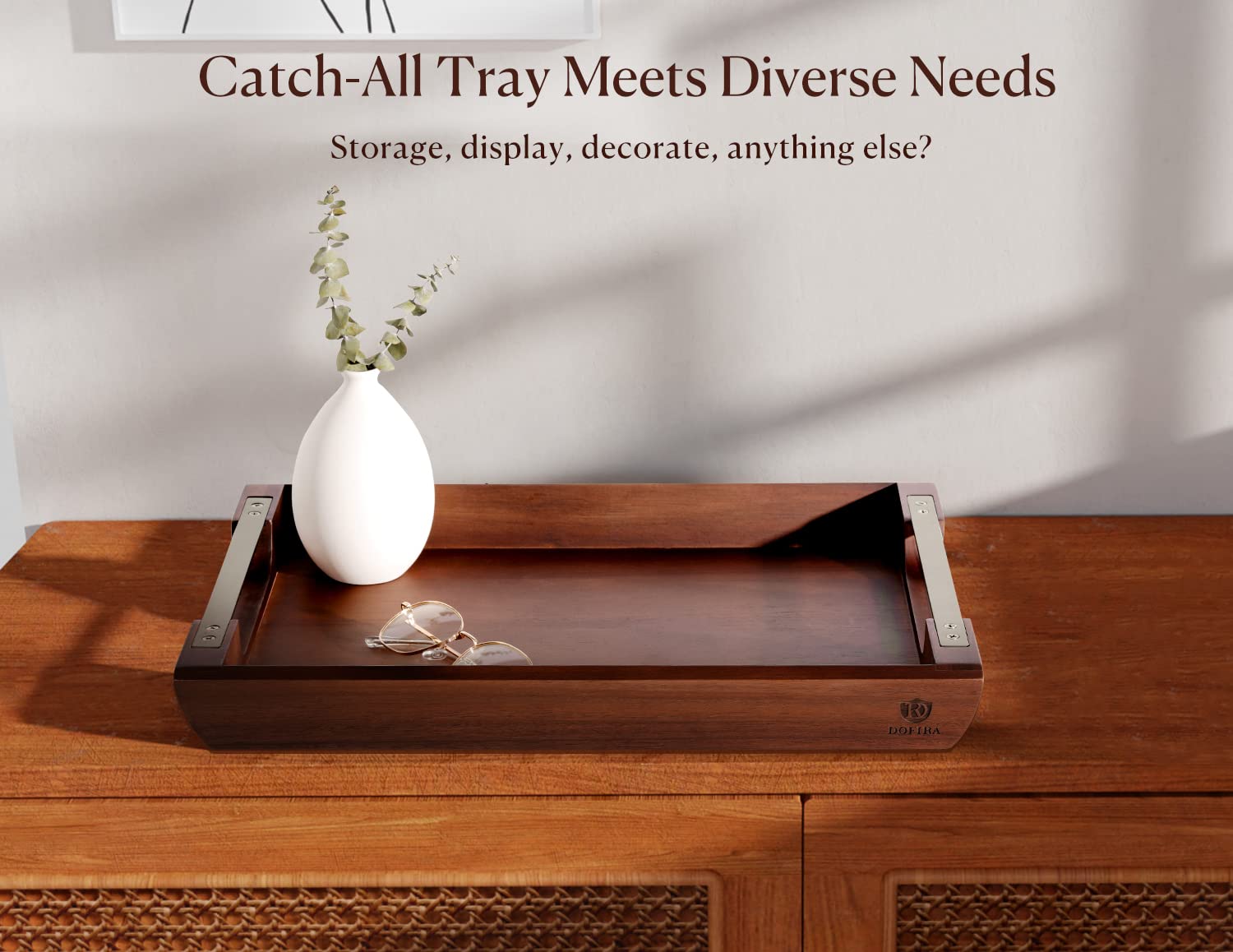 DOFIRA Acacia Wood Serving Tray with Metal Handle, 17x13in Tray for Ottoman