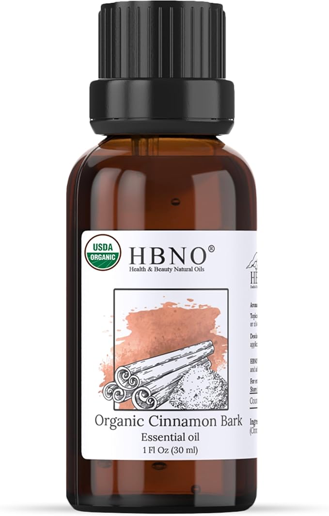 HBNO Organic Cinnamon Bark Essential Oil - 1 oz (30ml) Size - Ideal for Diffusers, Cleaning Agents