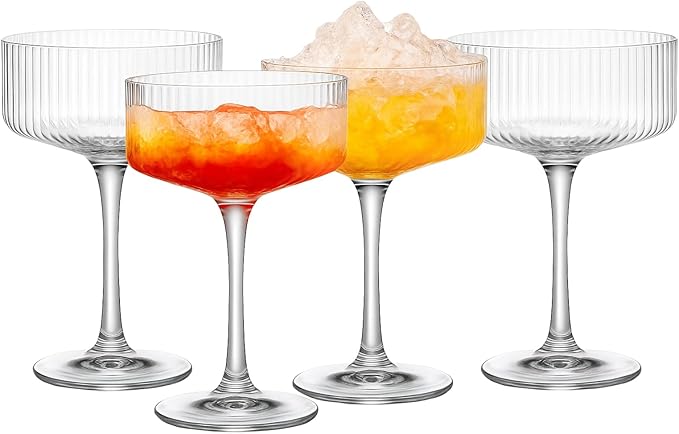 Vintage 4 Pcs Ribbed Coupe Glasses, 11 oz 100% Crystal Coupe Glass Set, Unique Martini Glass