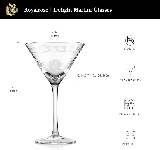 Premium Delight Vintage Cocktail Glasses Set of 4, 9.6 oz – Hand-Blown with Etched Long Stem