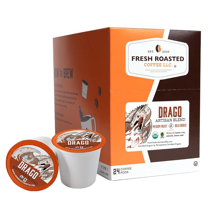 Fresh Roasted Coffee, Organic Drago Café Blend | USDA Organic, Kosher | Medium Roast 24 Pods for K