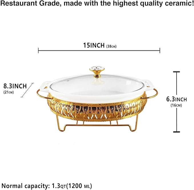 11" x 7" Ceramic Oval Casserole Dish with Glass Lid and Gold rack, 1.3 Quart White Serving Soup
